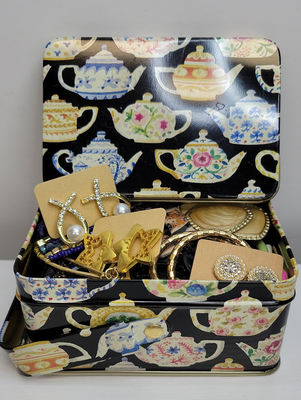 Vintage Tea-Print Tin Filled With Earrings